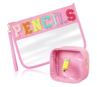 SUILU 2 Pcs Cosmetic Makeup Bag with Chenille Letter Patch,with Handles PVC Waterproof Clear Makeup Bag,Portable Toiletry Storage Bag, Pencils, 15.8 x 22 inches