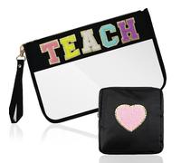 SUILU 2 Pcs Cosmetic Makeup Bag with Chenille Letter Patch,with Handles PVC Waterproof Clear Makeup Bag,Portable Toiletry Storage Bag, Teacher, 15.8 x 31 inches