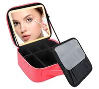 SUILU Travel Makeup Bag with LED Lighted Mirror,Cosmetics Organizer, with 3 Color Lighted Setting, Portable Storage and Adjustable Dividers Travel Makeup Bag, light red, S