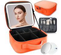 SUILU Travel Makeup Bag with LED Lighted Mirror,Cosmetics Organizer, with 3 Color Lighted Setting, with Adjustable Brightness Vanity Mirror and Detachable 10x Magnifying Mirror Travel Makeup., orange