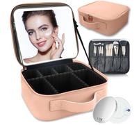SUILU Travel Makeup Bag with LED Lighted Mirror,Cosmetics Organizer, with 3 Color Lighted Setting, with Adjustable Brightness Vanity Mirror and Detachable 10x Magnifying Mirror Travel Makeup., khaki