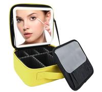 SUILU Travel Makeup Bag with LED Lighted Mirror,Travel Makeup Organizer, Makeup Bag with 3 Color Lighted Setting, Portable Storage and Adjustable Dividers Makeup Box, yellow, 10.2*9.1*3.4in
