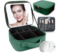 SUILU Travel Makeup Bag with LED Lighted Mirror,Travel Makeup Organizer, Makeup Bag with 3 Color Lighted Setting, Portable Storage and Adjustable Dividers Makeup Box, Dark green, with a 10x mirror