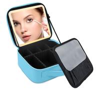 SUILU Travel Makeup Bag with LED Lighted Mirror,Travel Makeup Organizer, Makeup Bag with 3 Color Lighted Setting, Portable Storage and Adjustable Dividers Makeup Box, blue, Without a 10x mirror