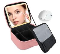 SUILU Travel Makeup Bag with LED Lighted Mirror,Travel Makeup Organizer, Makeup Bag with 3 Color Lighted Setting, Portable Storage and Adjustable Dividers Makeup Box, pink, with a 10x mirror