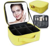 SUILU Travel Makeup Bag with LED Lighted Mirror,Travel Makeup Organizer, Makeup Bag with 3 Color Lighted Setting, Portable Storage and Adjustable Dividers Makeup Box, yellow, 10.2*9.1*3.4in