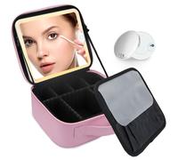 SUILU Travel Makeup Bag with LED Lighted Mirror,Travel Makeup Organizer, Makeup Bag with 3 Color Lighted Setting, Portable Storage and Adjustable Dividers Makeup Box, Light Pink, with a 10x mirror