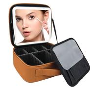 SUILU Travel Makeup Bag with LED Lighted Mirror,Travel Makeup Organizer, Makeup Bag with 3 Color Lighted Setting, Portable Storage and Adjustable Dividers Makeup Box, light brown, Without a 10x mirror