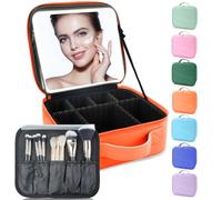 SUILU Travel Makeup Bag with LED Lighted Mirror,Travel Makeup Organizer, Makeup Bag with 3 Color Lighted Setting, Portable Storage and Adjustable Dividers Makeup Box, orange, 10.2*9.1*3.4in