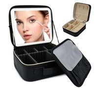 SUILU Travel Makeup Bag with LED Lighted Mirror,Travel Makeup Organizer, Makeup Bag with 3 Color Lighted Setting, Portable Storage and Adjustable Dividers Makeup Box, black, with jewelry box