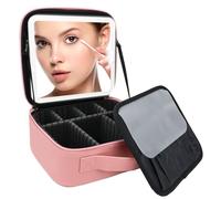 SUILU Travel Makeup Bag with LED Lighted Mirror,Travel Makeup Organizer, Makeup Bag with 3 Color Lighted Setting, Portable Storage and Adjustable Dividers Makeup Box, pink, Without a 10x mirror