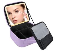 SUILU Travel Makeup Bag with LED Lighted Mirror,Travel Makeup Organizer, Makeup Bag with 3 Color Lighted Setting, Portable Storage and Adjustable Dividers Makeup Box, Purple, Without a 10x mirror
