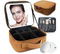 SUILU Travel Makeup Bag with LED Lighted Mirror,Travel Makeup Organizer, Makeup Bag with 3 Color Lighted Setting, Portable Storage and Adjustable Dividers Makeup Box, brown, with a 10x mirror