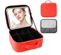 SUILU Travel Makeup Bag with LED Mirror and Light Makeup Travel Bag Organizer Portable Cosmetic Brush Organizer Bag with Adjustable Dividers for Cosmetics Makeup Brushes Toiletry, Red, Portable