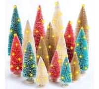 Suilung 16 Pack Mini Christmas Trees with 10 String Lights Xmas Bottle Brush Tree Decor for Home Tabletop Holiday Party Xmas Village Winter