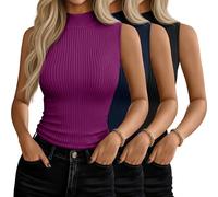 Suilung 3 Pack Women's Sleeveless Turtlenecks Shirts Mock Neck Ribbed Stretch Slim Tank Top Basic Lightweight Bustier Tee(Black, Blue, Fuchsia,Large)