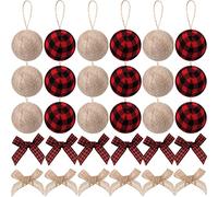 Suilung 30 Pcs Christmas Ornaments Burlap Ball Bows Farmhouse,Red Black | 18 Buffalo Plaid Balls 2.4in with 12 Mini Bows, Rustic Country Xmas Tree Decor for Indoor Home, Coordinated Holiday Set
