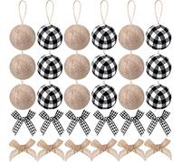 Suilung 30 Pcs Christmas Tree Ornaments Decorations,18 Buffalo Plaid Burlap Farmhouse Christmas Ball Ornament with 12 Mini Plaid Burlap Bows for Country Rustic Xmas Home Decor Indoor (White Black)