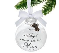 Suilung Christmas Memorial Baubles I Have an Angel in Heaven I Call Her Mum Clear Christmas Bauble Ornament Grave Decorations White Feather Ball Hanging Decoration with Box for Xmas(Mum)