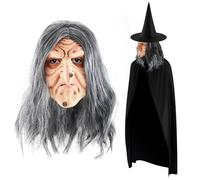 Suilung Halloween Cosplay Costume Accessories Include Old Woman Witch Mask with Hair and Witch Hat Black Cape Human Realistic Scary Full Head Latex Mask Adults for Halloween Carnival