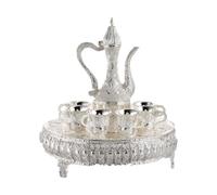 SUIOPPYUW Exquisite Vintage Coffee Pot and Turkish Coffee Cup with Stylish Wine Glass Tray Home Decor Turkish Set Be Placed in Cabinet Wine Jug Glass Tray Teapot Tea Service Set, Silver, 28.5x25cm