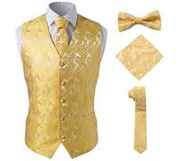SuiSional Mens 4pc Classic Paisley Suit Vest Set Necktie Bowtie Hanky for Tuxedo - gold - XXXXL
