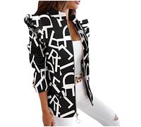 Suit Jacket Women Zip Up Printed Shoulder Ruffle Blazer Jacket Stand Collar Vintage Suit Coat Streewear Pullover Lightweight Slim Elegant Blazers Cardigan with Pockets for Business