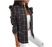 Suit Jacket Women Zip Up Printed Shoulder Ruffle Blazer Jacket Stand Collar Vintage Suit Coat Streewear Pullover Lightweight Slim Elegant Blazers Cardigan with Pockets for Business