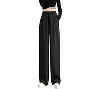 Suit Pants Ladies Half Elasticated Trousers Womens Stretch Waist Casual Office Work Formal Pull On Trousers Straight Leg Pants Bottoms with Pockets Double Button Colored straight legged wide leg