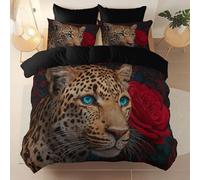Suitable for adults and children Bedding Set, Photography Animals Leopard Rose theme Duvet Cover Set Reversible Pattern for Comfort Sleep, Brushed microfiber duvet cover Size 230 x 220 cm, Black