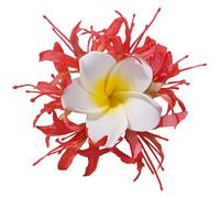 Suitable For All Occasions Hair Clips, Design Flower Layered With Center Yellow, And Petals White, Plumeria Hawaiian Flower, In Light Red, 5.51 In / 14 Cm, Mixed Materials