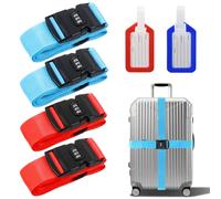 Suitcase Straps with Lock, 4 Pcak Adjustable Luggage Straps for Suitcases, Thickened Luggage Strap with Luggage Labels, Can Protect the Safety of your Belongings (Red, Blue)