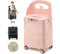 Suitcase with Seat, Ride On Suitcase, 20/22/24 Inch Lockable Carry on Luggage case with Adjustable Handle & 4- Spinner Wheels Compartmental Heavy-Duty Luggage with Bag Hooks, Free 100pcs Stickers(Pink