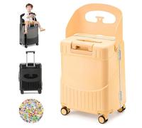 Suitcase with Seat, Ride On Suitcase, 20/22/24 Inch Lockable Carry on Luggage case with Adjustable Handle & 4- Spinner Wheels Compartmental Heavy-Duty Luggage with Bag Hooks, Free 100pcs Stickers(Yell