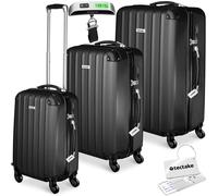 tectake® 3-Piece Hard Shell Suitcase Set in Durable & Shock-Resistant ABS with 3-Step, Telescopic Handles, Combination Locks, Smooth 360° Wheels, Luggage Scale & Tags, Dividable Interiors - Black