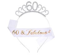 Suithink 60th Birthday Tiara and Sash, 60 Fabulous Glitter Satin Sash and Crystal Tiara Crown for Women 60th Party Decorations