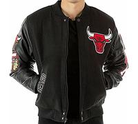 Suiting Style Chicago Basketball Black Wool With Faux Leather Bomber Jacket - Bulls Varsity Letterman Jacket For Men