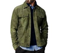 Suiting Style Mens Premium Vintage Trucker Suede Leather Jacket - Genuine Suede Leather Bomber Jacket - Western Cowboy Shirt Collar Coat Men (UK, Alpha, XXL, Regular, Regular, Green)