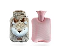 suitmine Hot Water Bottle PVC 2L Leak-Proof with Removable Plush Cute Deer Cover for Pain Relief Hot and Cold Therapy,Hands Feet Abdomen and Neck Warmer,Cord Lock,Brown