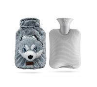 suitmine Hot Water Bottle PVC 2L Leak-Proof with Removable Plush Cute Husky Cover for Pain Relief Hot and Cold Therapy,Hands Feet Abdomen and Neck Warmer,Cord Lock,Grey
