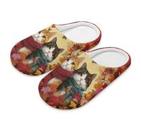 SUITOSELFY Autumn Cat Womens Slippers Indoor Thanksgiving Maple Leaf Warmth Slippers for Women Size 10-11 Comfy Womens House Slipper Fluffy Plush House Shoes with Silent Sole