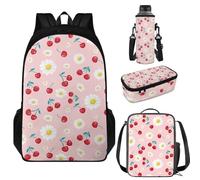 SUITOSELFY Cherry Daisy School Bag Sets 17 Inch Double Zipper Backpack for Kids Pen Bag Water Cup Cover Lunch Bag Casual Large Capacity 4-Piece Fit for Children School Sports Travel Holiday
