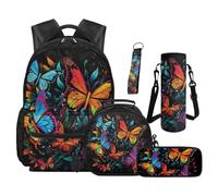 SUITOSELFY Colorful Butterfly 5 Piece Kids Backpack Set Large Capacity Lightweight with Insulated Lunch Box Pencil Case Kawaii Rucksack Travel School Bag Sport Bookbag for Kids 8-10