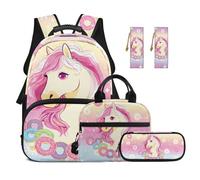 SUITOSELFY Colorful Horse Donut School Backpack Set for Girls 4 Piece Backpack with Lunch Box Pencil Case Large Capacity Travel Daypack for Middle School Book Bag Rucksack Travel Bag