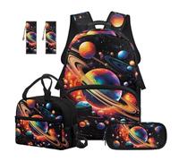 SUITOSELFY Colorful Planets Print Backpack for Girls Backpacks with Lunch Bag Pencil Case Set for Kids 17 Inch Large Travel Schoolbag for Girls Camping Rucksack Travel School Bag 4PCS
