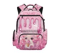 SUITOSELFY Glitter Axolotl Ice Cream Backpack for Girls 6-10, Elementary School 17 Inch Lightweight Multi Pocket Bookbag with Padded Shoulder Straps for 2nd-5th Grade, Back to School Essentials