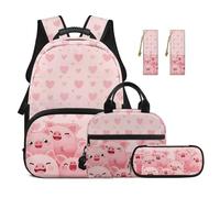 SUITOSELFY Pink Pig Heart Backpack for Girls Schoolbag for Kids 10-12 School Backpack Set and Lunch Box Pencil Case 4 Pieces School Bookbag Large Capacity Boy Rucksack Travel Bag