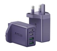 Suiwel 2-Pack Purple 40W 4-Port USB Charger Plug, USB C PD Power Adapter + QC 3.0, Multi USB Plug UK, Fast Charging for iPhone 16-11, Samsung Galaxy, iPad, Google