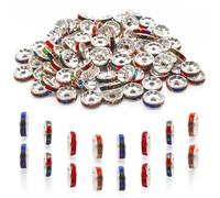 suiwotin 100pcs Rhinestone Rondelle Spacer Beads, 10mm Crystal Loose Charm | Silver Plated, Sparkly Rondelle Beads, 2.2mm Hole, for DIY Crafts, Bracelets, Jewelry Making, Multi-Color