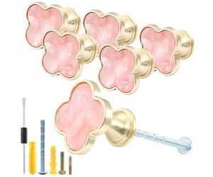 Suiwotin 6 Pack Cabinet Knobs - Clover Decorative Drawer Knobs, Brushed Gold Kitchen Cabinet Pulls, Vanity Drawer Handles for Closet, Cupboard, Pantry (Pink)